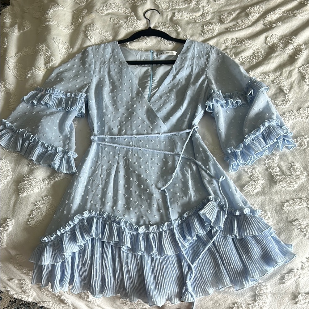 Blue Tiered Mini Dress with Bell Sleeves